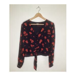 Intermix NWOT Black Silk Red Rose Print Tie Front Long Sleeve Blouse Top M
